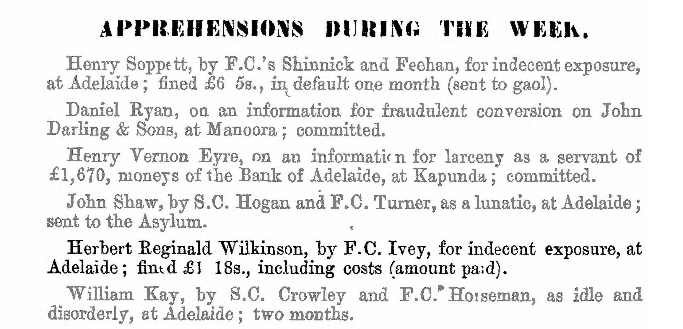 Herbert Wilkinson's arrest for indecent exposure, Adelaide, Australia, 29 June 1910